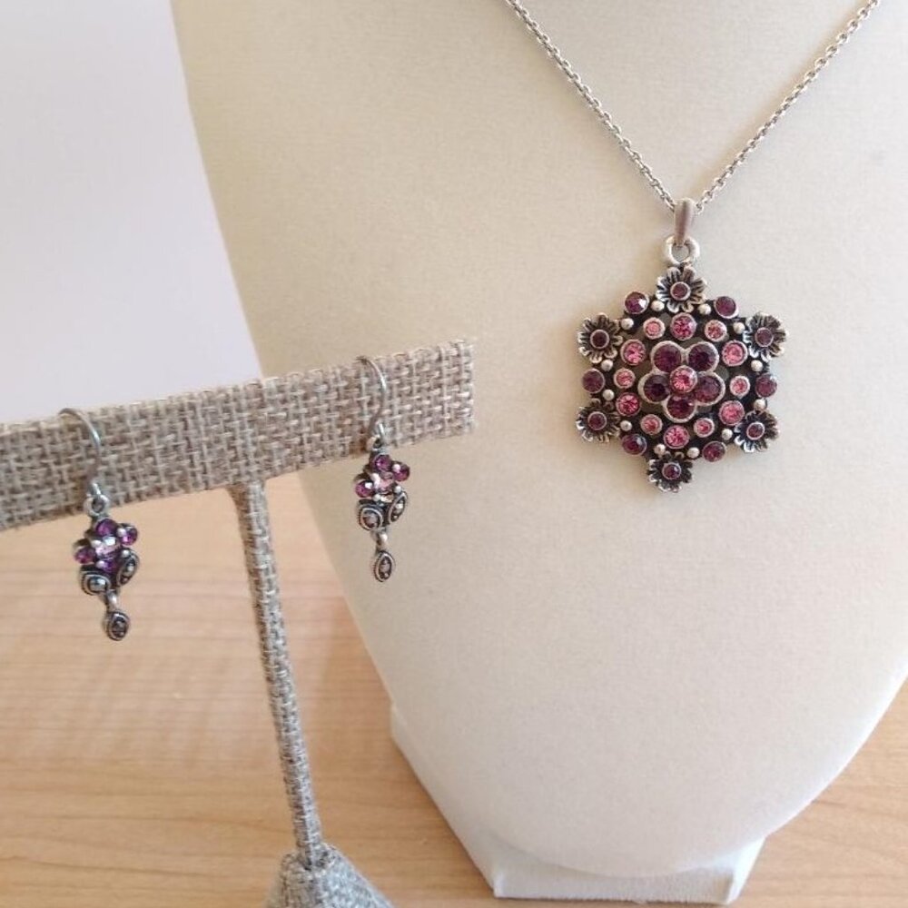 Silver Tone Chain Pendant with Rhinestones & Matching Earrings